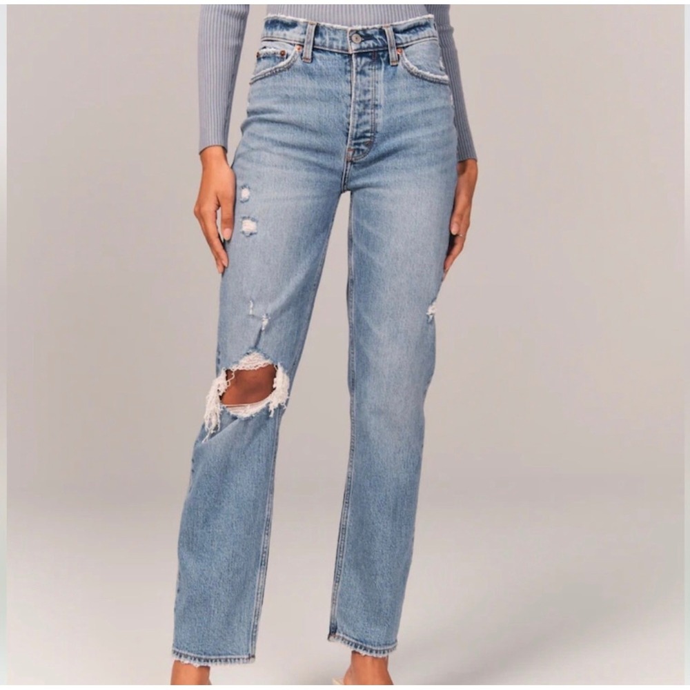 Abercrombie & Fitch The Dad High Rise Distressed Straight Leg Jeans Blue 29 8s